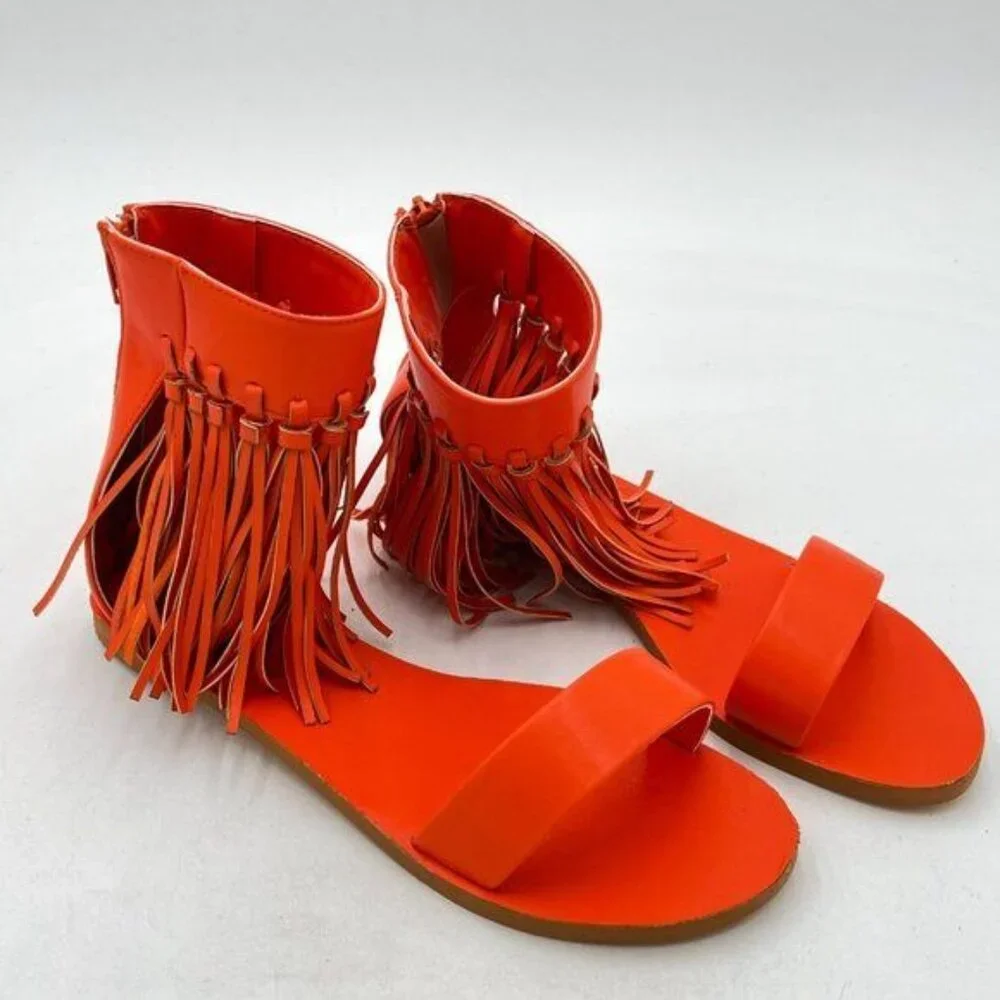 YDN Orange Fashion Fringes Tassels Open Toe Sandals Low-Heel Back Zipper Shoes